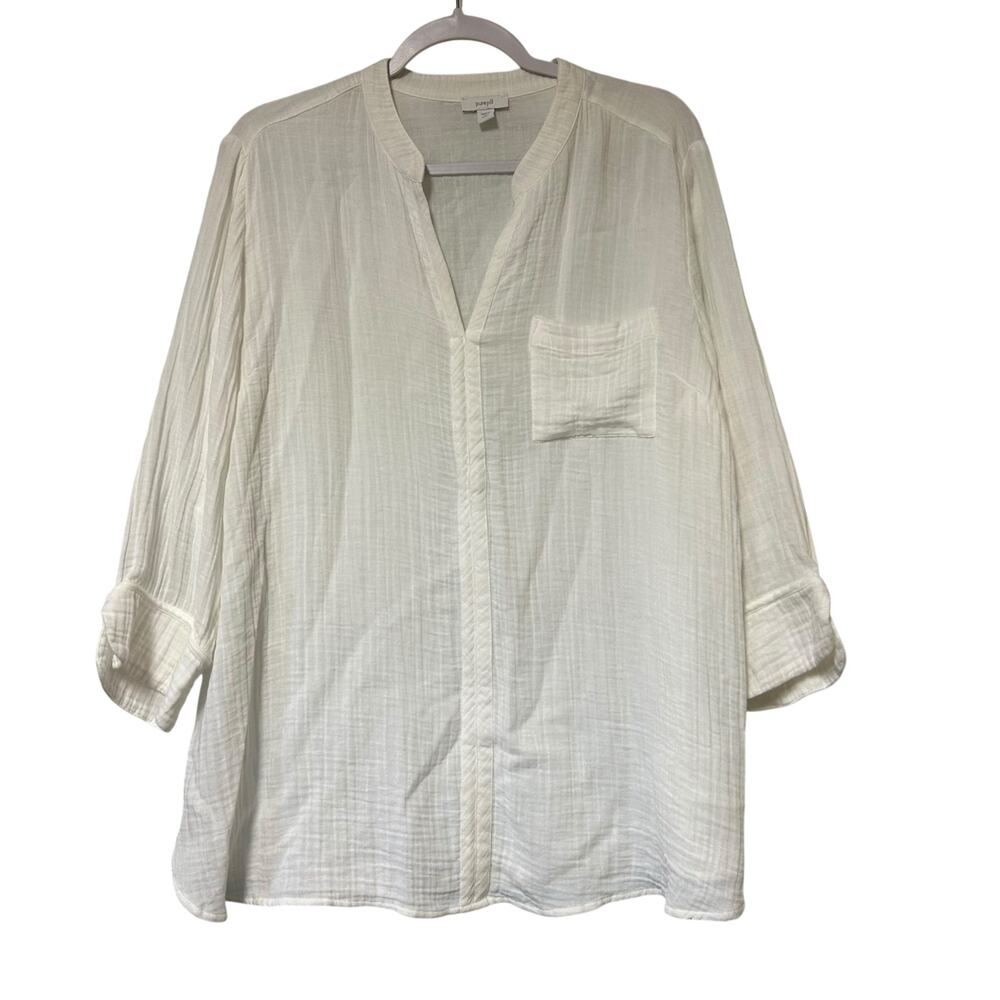 Purejill Top Tunic Gauze White LG Petite Lightweight Sheer Boho Hippie Casual